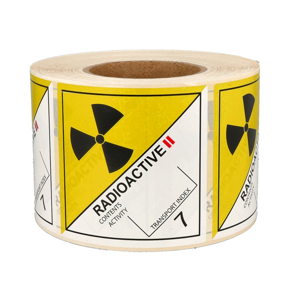 IATA 7.2 Radioactive II label, 100mm x 100mm, 1.000 etiketten, core 76mm