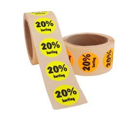 20% Kortingsstickers, Fluor Geel, 500 Stickers