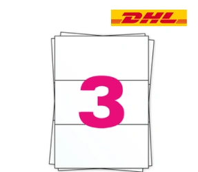 Producto DHL etiquetas adhesivas en hojas de papel A4, 3 etiquetas blancas por hoja, permanente, 98,5mm x 210mm Imagen